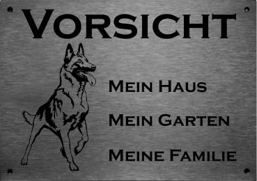 Edelstahl Warnschild Belgischer Schäferhund VORSICHT Mein Haus mein Garten meine Familie